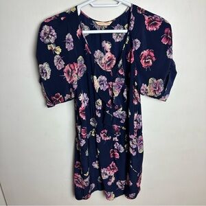Rebecca Taylor 100% Silk Dress Women's Size 12 Floral Navy Blue Pockets